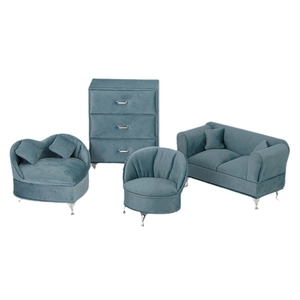 Miniature blue velvet sofa jewelry storage set with silver legs and three-drawer cabinet