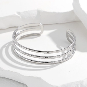 Minimalist silver-toned triple-layered wavy open titanium steel cuff bracelet for women