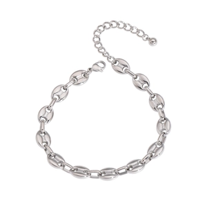 Detail of coffee bean link design with lobster clasp and adjustable silver steel chain