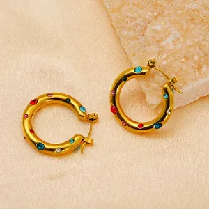Classic 18k gold plated stainless steel hoop earrings with colorful zircon and stones