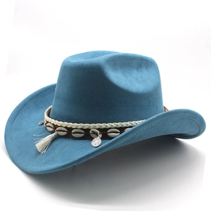 Detail of blue suede cowboy hat with white fringe tassels and silver coin ornament