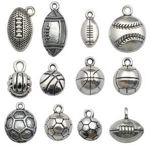 Set of 12 silver sports alloy pendants including football, basketball and baseball shapes
