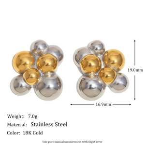 18K gold plated stainless steel geometric bead cluster stud earrings for women