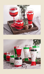 Detail of hand-painted Christmas glassware featuring Santa and snowman holiday patterns