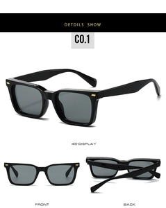 Three views of square black sunglasses showing front, back, and golden metal hinge details