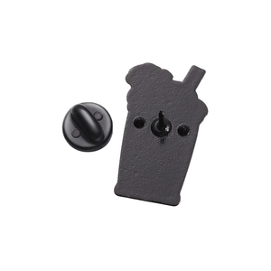 Detailed back view of Halloween pumpkin drink brooch with black rubber clutch and metal pin