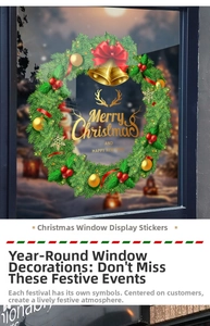 Détail de l'autocollant de fenêtre couronne de Noël verte avec nœud rouge et cloches