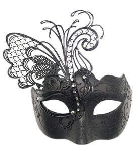 Close-up of laser-cut butterfly mask detail with matte black patterns and rhinestones