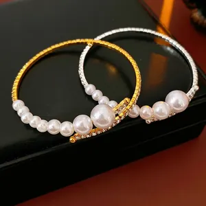 Elegant Open Bangle Bracelet With Gradient Imitation Artificial Pearls And Pave Rhinestones Light Luxury Adjustable Jewelry For Women