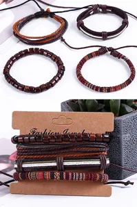 Detail showing set of four vintage wood bead and woven leather bracelets on display card