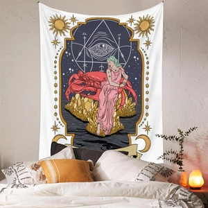 Detailed tarot tapestry showing Cancer zodiac signs and mystical art in a home setting