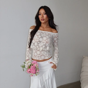 Haut Dentelle Épaules Dénudées Manches Longues Femme Broderie Florale Transparent Chemisier Court Élégant Fête