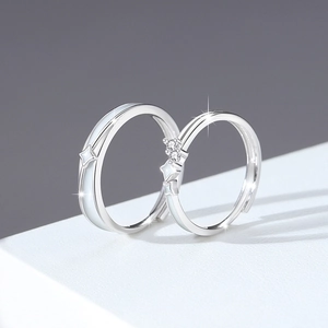 Minimalist S925 sterling silver couple rings with zircons and star engraving design