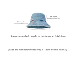 Size guide for denim bucket hat with 9cm depth, 7cm brim, and 54-58cm head circumference