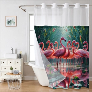 Waterproof waffle shower curtain with colorful flamingo print and metal hooks