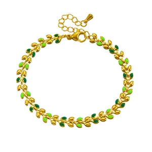 Gold plated stainless steel leaf chain bracelet with green enamel and adjustable clasp