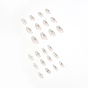 Gradient grey heart pearl press-on nails with silver glitter in medium coffin shape