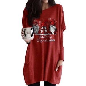 Rotes Damen Langarmkleid zu Weihnachten mit Taschen und festlichem Gnom-Aufdruck