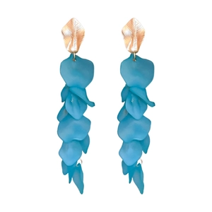 Elegant acrylic flower petal tassel drop earrings in gold and translucent blue finish