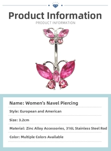 Detailed view of butterfly navel ring with pink rhinestones and 316L stainless steel rod