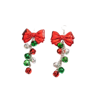 Christmas bow earrings with red, green and silver bells on white background
