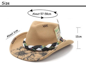 Detail of camel western cowboy hat with floral print brim, feathers and woven band