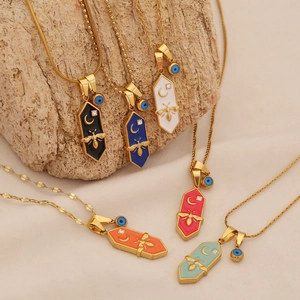 Stainless Steel Hexagon Bee Moon Star Pendant Necklace Enamel Evil Eye Vintage Tarot Jewelry For Women Gold Plated