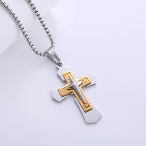 Punk two-tone stainless steel cross pendant necklace with silver and gold box chain