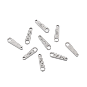 Flat stainless steel chain connector charms with dual holes and S.STEEL engraving