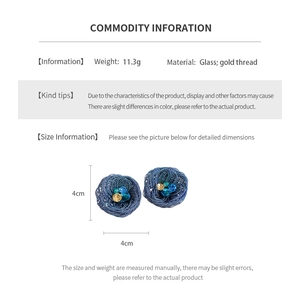 Detailed chart showing blue glass and gold thread flower earring dimensions and specs