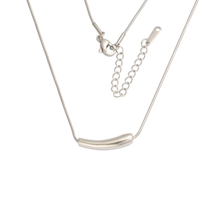 Detailed view of a silver titanium steel snake chain featuring a curved tube bar pendant
