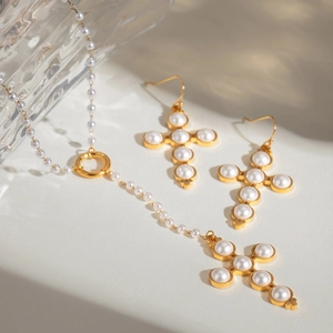 18k gold vintage cross necklace set with white pearls and matching earrings for women