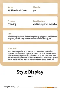 Detailed specs of realistic PU foam cupcake with soft cream texture and 37.5g weight
