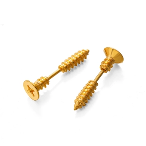 Golden stainless steel screw-shaped stud earrings in a minimalist industrial hip-hop style
