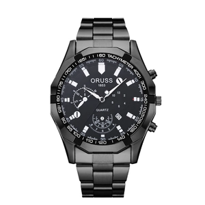 Orologio al quarzo ORUSS da uomo in acciaio nero con quadrante grande e scala tachimetrica