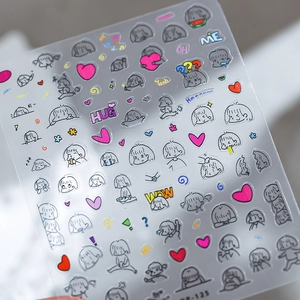 Cute Japanese style 3D embossed nail stickers featuring cartoon girl and heart designs