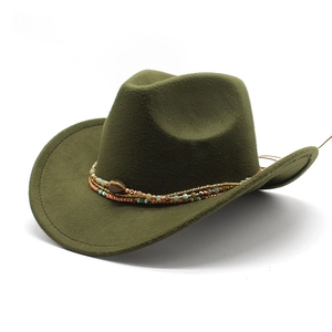 Detail of army green wool cowboy hat featuring a triple-row beaded ethnic hatband