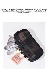 Detailed view of black nylon mesh makeup bag with zipper showing five size options