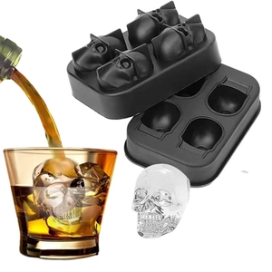 4-cavity skull silicone ice cube mold for whiskey cocktails and halloween party use