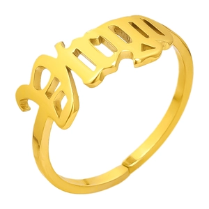Detailed close-up of gold stainless steel adjustable ring featuring Baddie gothic lettering