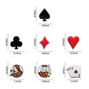 Detailed view of 7 poker enamel pins featuring spades hearts and card suits with dimensions