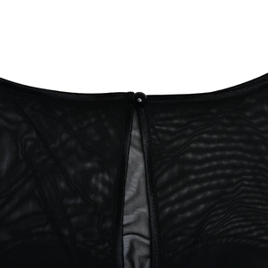 Detail of back neckline with mesh fabric, teardrop cutout and button closure on black dress