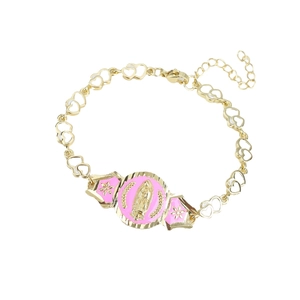 18K gold-plated heart chain bracelet with pink enamel and Guadalupe religious pendant