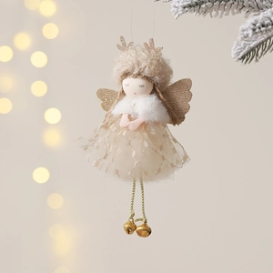 Christmas angel plush ornament with gold sequins and reindeer antlers on Xmas tree