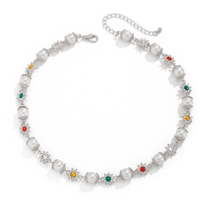 Collier hip hop pour hommes avec perles, pierres colorées en étoile et fermoir argenté