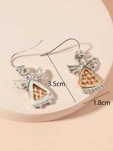 Detailed size view of silver and rose gold angel earrings with rainbow rhinestones