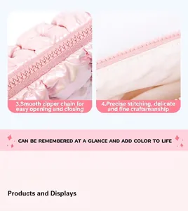 Detail view of smooth nylon zipper and precise stitching on pink holographic puffer bag