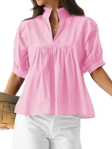 Modisches rosa Rüschenshirt mit V-Ausschnitt in lockerer Passform für den Damenalltag