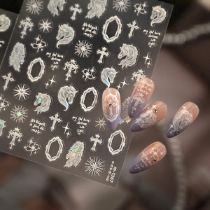 Holographic silver horse and cross nail art stickers M-1367 on purple gradient nails