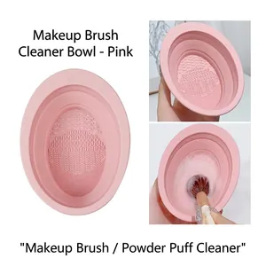 Pink silicone makeup brush cleaning bowl with 4-zone texture for deep wash tool